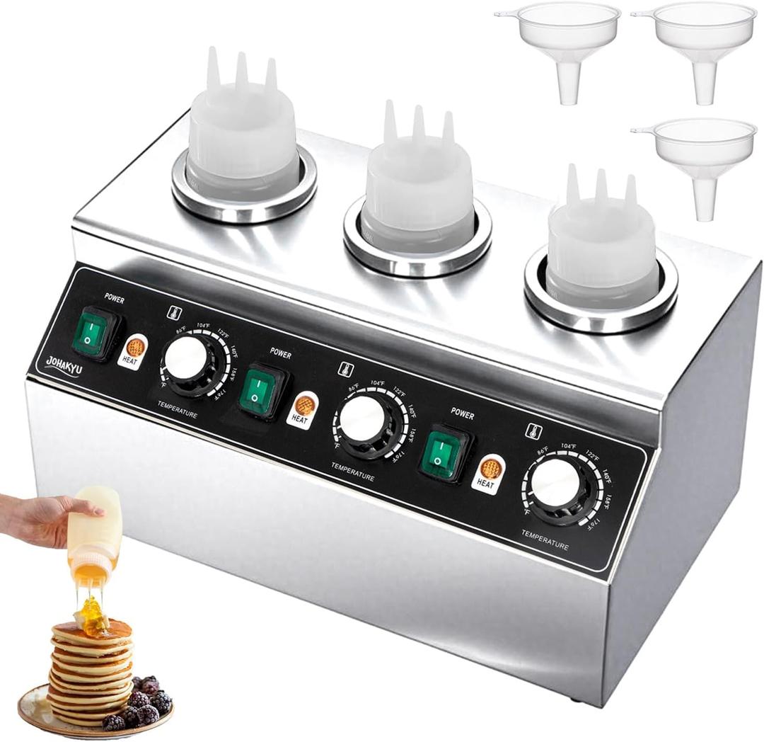 JOHAKYU Commercial Electric Sauce Warmer Dispenser – Stainless Steel Countertop Hot Fudge/Nacho Cheese Warmer with 3×650ml Squeeze Bottles and 3 Funnels