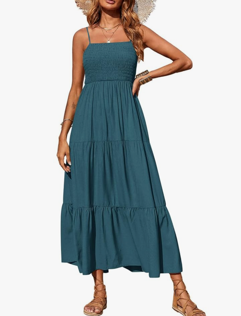 Women's Summer Maxi Dress 2025 Casual Boho Sleeveless Spaghetti Strap Smocked Tiered Long Beach Sundresses M
