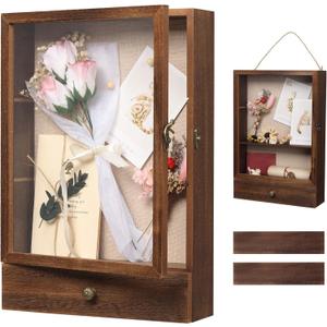 Shadow Box Frame 3" Deep, 11x16 Shadow Boxes Display Cases with Removable Shelves and Drawers, Wooden Memory Frames for Pictures, Flowers, Pet Memorial, Wedding Bouquet, Brown