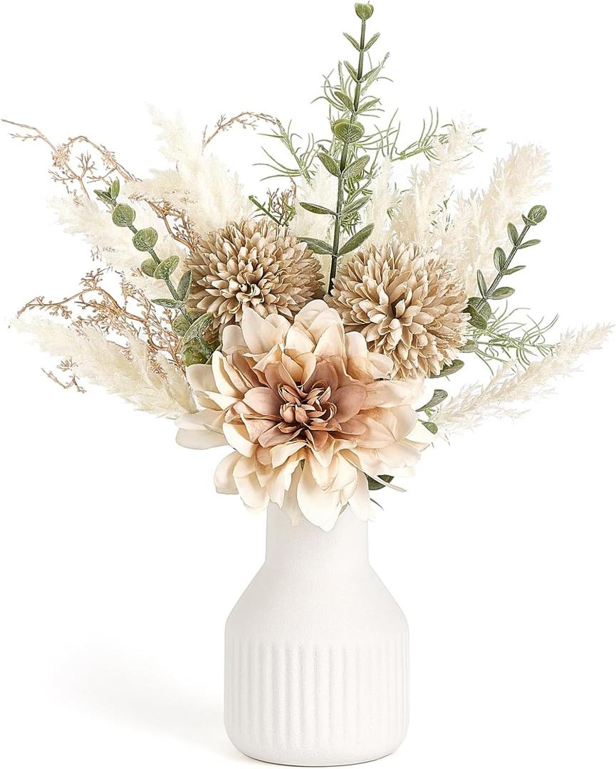 Mkono Small Artificial Flowers in Ceramic Vase 13.5" Centerpieces Coffee Table Decor, Silk Flower Arrangements for Home Decor Indoor Fake Flower Bouquet for Bathroom Dining Room Kitchen Wedding Brown (samll)