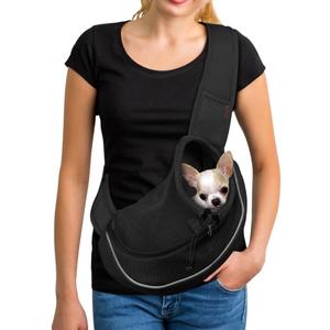 YUDODO Pet Sling Carrier for Small Dogs & Cats  Hands-Free Puppy Carrier with Safety Hook, Large Zipper Pocket, Soft Breathable Mesh, Adjustable Strap & Reflective Strip (Black 2.0 M)
