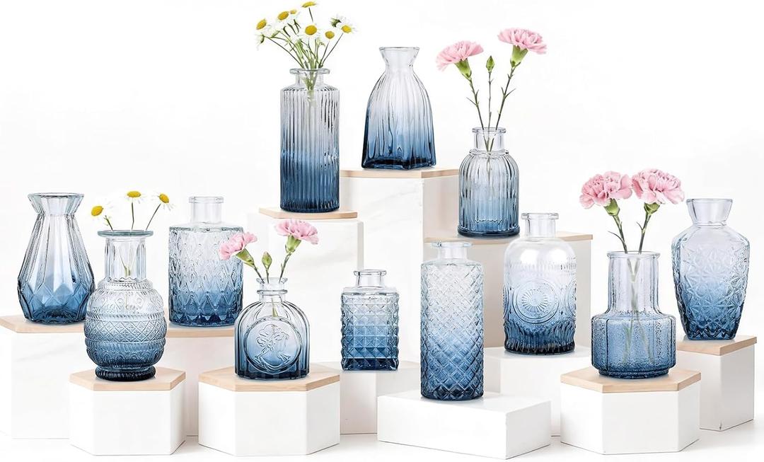 Bud Vases Set of 12, Small Mini Glass Vases for Centerpieces - Elegant Vintage Style - Perfect for Table Decor, Wedding, Party Centerpieces - Great Gift for Home Decor Lovers (Ombre Blue)