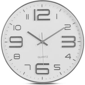 Bernhard Products Silver Wall Clock 12 Inch Silent Non-Ticking Quality Quartz Battery Operated Round White Decorative Modern Design for Home/Office/Kitchen/Bedroom/Living Room (Silver & White)