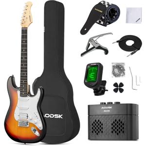 AODSK Electric Guitar with Amp Beginner Kit 39 Inch Solid Body Full Size,All Accessories,Digital Tuner,Six Strings,Four Picks,Tremolo Bar,Strap,Gig Bag,Starter kit (Sunburst-HSS)