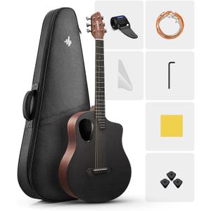 Donner 38" Carbon X Wood Acoustic Guitar Beginner & Intermediate Learner Kits - Carbon Fiber Top, Wooden Body, Durable Solid Guitar with Case, Strap, Steel-String, RISING-G1 (Satin, Brown)