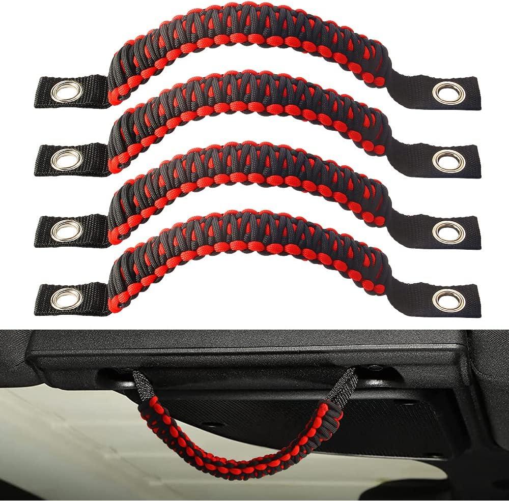 Sidaqi 4 x Paracord Grab Handles Compatible with Wrangler JK JKU JL JLU JT Accessories Universal Roll Bar Grab Handles Replacement for Wrangler Grip Handle (Red) (Red)