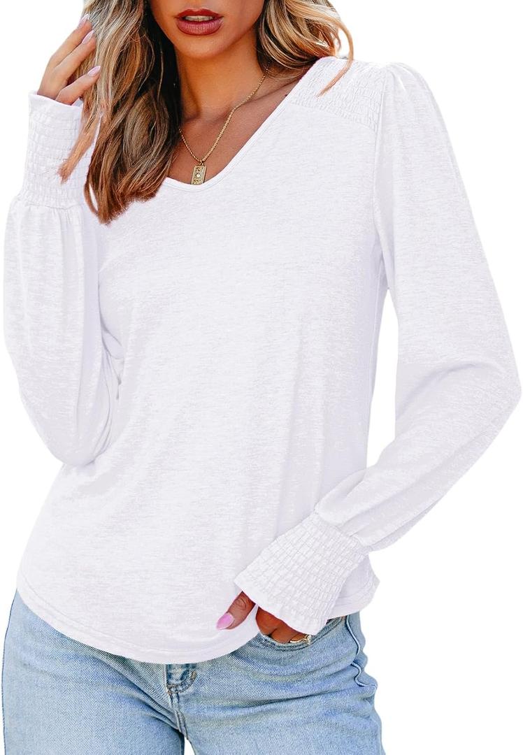 Dokotoo Women's Casual Long Sleeve Shirts Shirred Shoulders Solid Color Knit Tops Blouses (White)