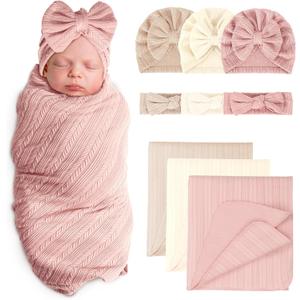 Newborn Receiving Blanket with Bow Hat Headband Set Wheat-Pattern Newborns Toddler Baby Boy Girl Nursery Swaddle Wrap (3 Set: Bean Pink/Light Coffee/Beige)