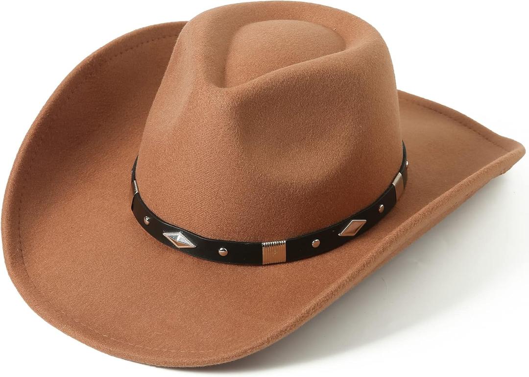 Lanzom Women Men Classic Felt Wide Brim Western Cowboy Cowgirl Hat with Belt Buckle (Large-X-Large, Khaki)