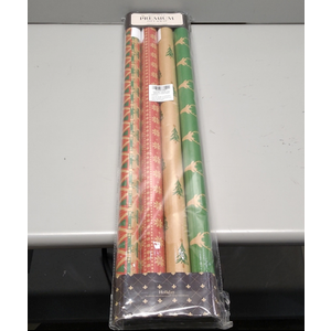 LaRibbons Kraft Christmas Wrapping Paper Set, 30 Inch X 10 Feet (4 Rolls: 100 Sq. Ft. Ttl) Snowflake, Green Tree, Deer Antlers and Gift Box Shapes Design for Xmas, Party, Holiday, Celebration