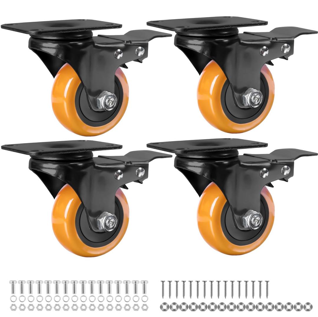 Finnhomy 3 Inch Caster Wheels Set of 4 with Brake Heavy Duty Plate Swivel Casters Premium Polyurethane Wheels Bearing 2,200 Lbs Lockable Anti-wear Smooth Casters for Workbench Orange (Free Screws)
