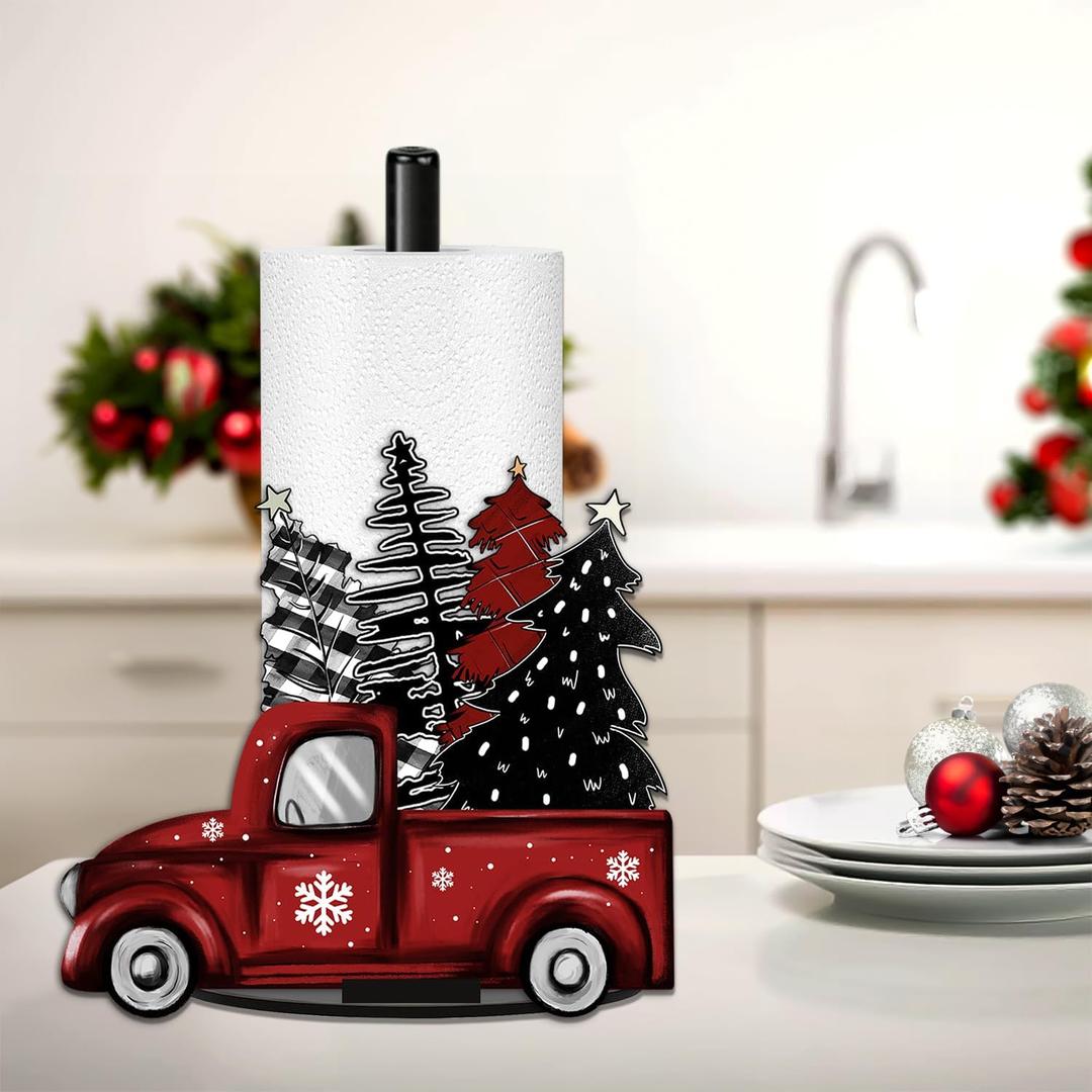Christmas Paper Towel Holder, Red Truck Christmas Decor, Buffalo Plaid Christmas Tree Towels Paper Holder for Kitchen Countertop Bathroom Home Farmhouse, Winter Holiday Decoration Replaceable 2 Panels