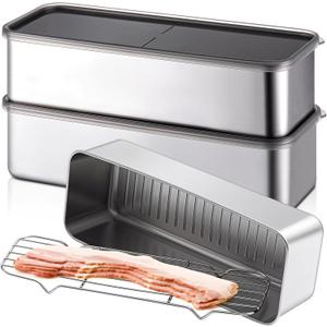 Hushee 3 Set 304 Stainless Steel Containers for Fridge with Removable Drain Tray 60 oz Rectangular Airtight Food Container with Lids for Fruit Bacon Deli Meat Storage(10.43 x 3.94 x 2.76 Inch)