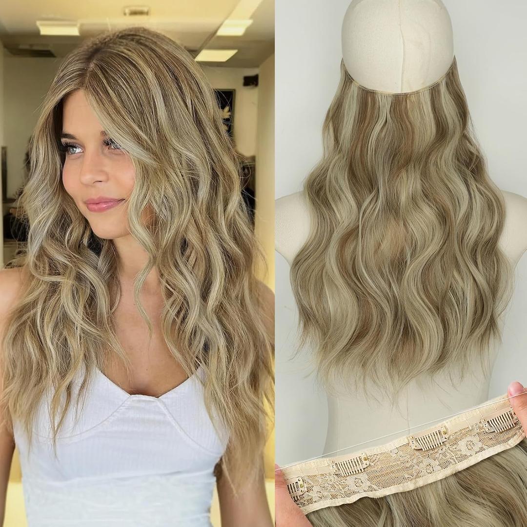 KooKaStyle Invisible Wire Hair Extensions with Transparent Headband Adjustable Size 4 Secure Clips Long Wavy Secret Wire Hairpiece 10H24#Dirty Blonde Mixed Bleach Blonde 16 Inch for Women