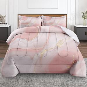 Marble Rose Gold Comforter Set King Size, Granite Baby Golden Soft Bedding Set with 2 Pillowcases for Girls Teens Kids Boys Adults Bedroom Bed Decor,1 Quilt 2 Pillow Cases