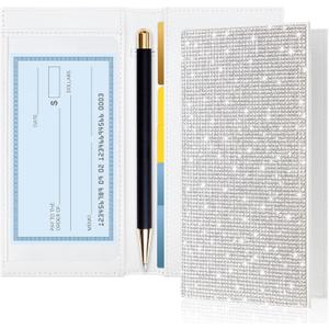 Checkbook Covers for Women Glitter Personal Checkbook with Duplicate Check Gift for Valentine's Day Bling Rhinestone Sparkly White Rfid Blocking PU Leather Register Wallet with Pen Insert and Divider