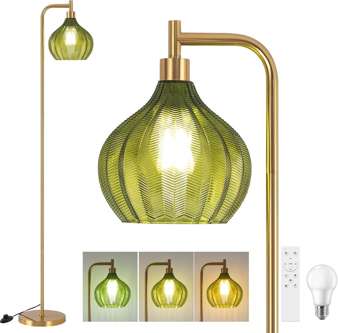 Floor Lamp for Living Room, Modern Standing Lamp with Remote, Dimmable, 3CCT, Arc Tall Floor Lamp with Green Glass Lampshade for Bedroom Study Room Office (Bulb Included)