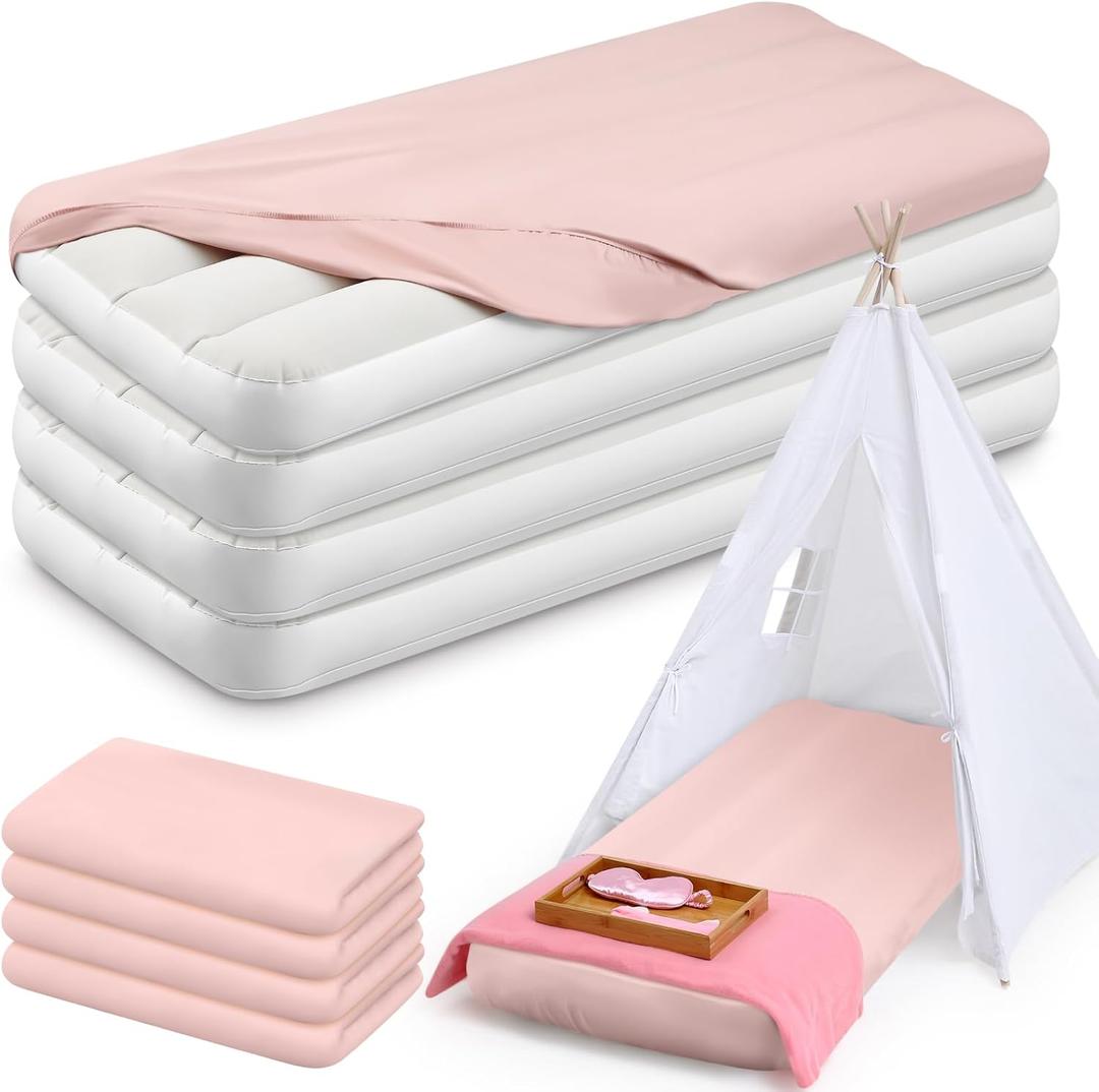 Windyun 4 Sets Kids Air Mattress Bulk with Fitted Sheet,Toddler Inflatable Bed 63 x 27 x 8 Inches Blow up Airbed Camping Sleeping Pad for Aged 3-10 Years Old Birthdays Slumber Sleepover Party (Pink)