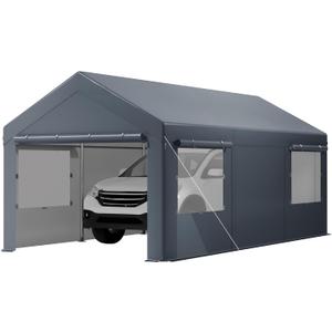 GarveeLife 10x20 ft Heavy Duty Carport, Portable Garage with Sidewalls, Doors and Ventilated Windows, UV Resistant and Waterproof, Carports 10x20 Heavy Duty for Car, Bike, Boat, Party (Gray)