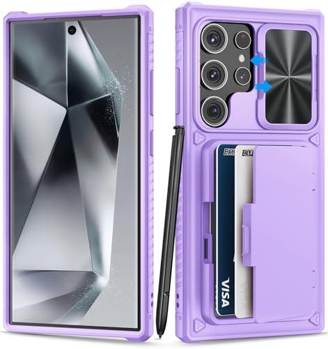 BXYJY for Samsung Galaxy S24 Ultra Case with Card Holder (4-5 Cards) & Kickstand & Slide Camera Cover, Military Grade Protection, Women Rugged Silicone Wallet Case for Galaxy S24 Ultra 2024, Purple
