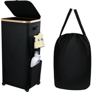 100L Large Laundry Hamper with Lid Wheels, Rolling Laundry Basket with Removable Bag Side Pockets, Heavy-Duty Laundry Room Organization and Storage for Dorm Small Spaces (Black)