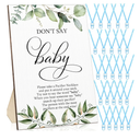 Geetery 51 Pcs Don't Say Baby Game Sign Greenery Cool Baby Shower Game 50 Pacifier Necklace Wooden Don't Say Sign Plastic Pacifier Party Favor for Gender Reveal(Greenery,Blue)