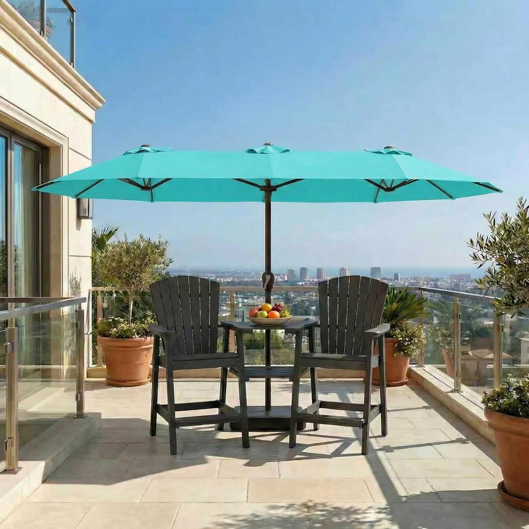 15FT Double Sided Patio Umbrella with Base Included, Double Sided Outdoor Market Umbrella with Flexible Fiberglass Ribs, UV-Blocking Extra Large Umbrella for Garden, Pool, Deck, Aqua Blue