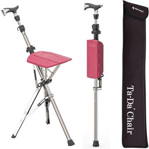 Ta-Da Chair Series 1 Pro, Portable Trekking Hiking Pole, Folding Walking Stick with Seat, Walking Cane with Chair, Foldable Chair, Lightweight Aluminum, Easy Carry and Storage, Anti-Slip (Red)