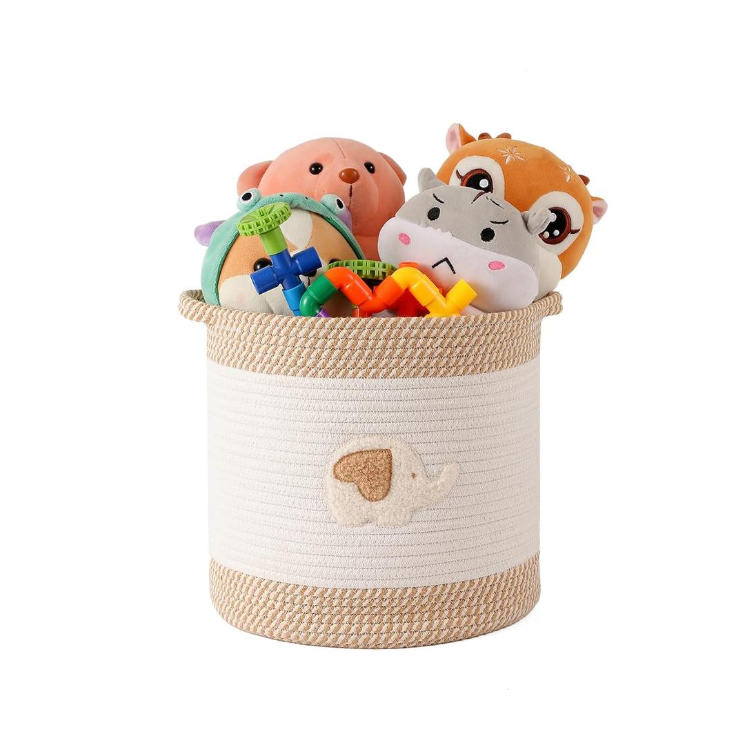 INough Toy Storage Baskets Woven Cotton Rope Storage Basket for Kids, Blanket Baskets for Living Room Toy Basket Box Toys Organizer with Embroidery Decor Cute Baskets for Nursery, Playroom (Elephant) (Medium)