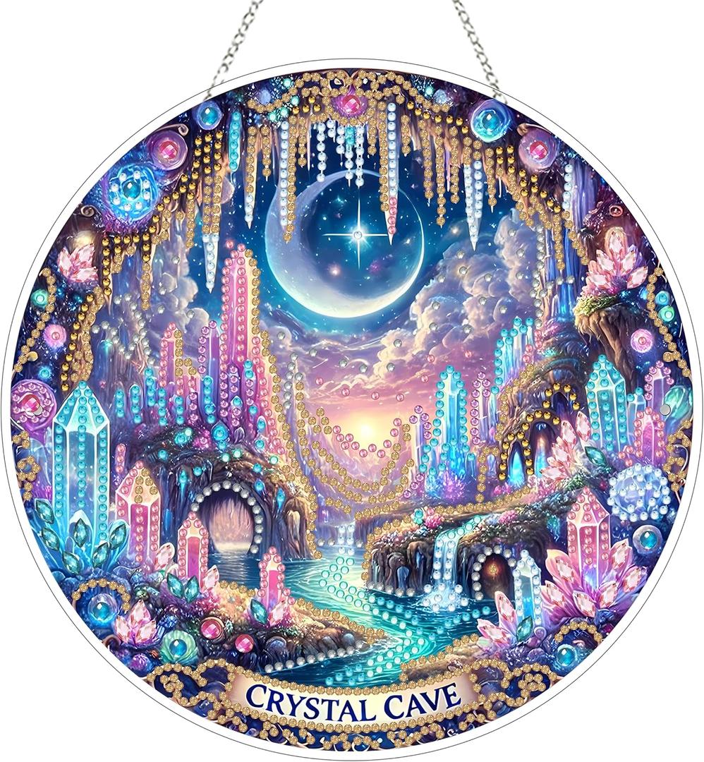 5D Diamond Art Hanging Kit for Adult,Special Shaped Rhinestone,Double Sided DIY Acrylic Diamond Art Painting Window Pendants Home Garden Wall Hanging Kits Hanging Ornament (Crystal cave)
