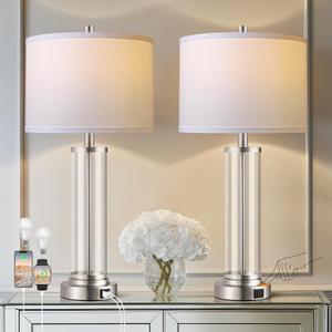 QiMH Touch Control Table Lamps Set of 2 with USB A+C Ports, 3-Way Dimmable Bedside Lamp for Living Room Bedroom House, Modern Nightstand Lamp with 2 LED Bulbs (Silver)