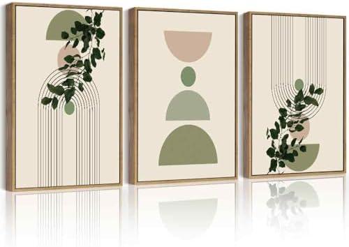 Drsoum Green Botanical Plant Wall Decor Framed Modern Boho Sage Wall Art Abstract Geometry Lines Prints Ready to Hang 12x16in Natural Framed