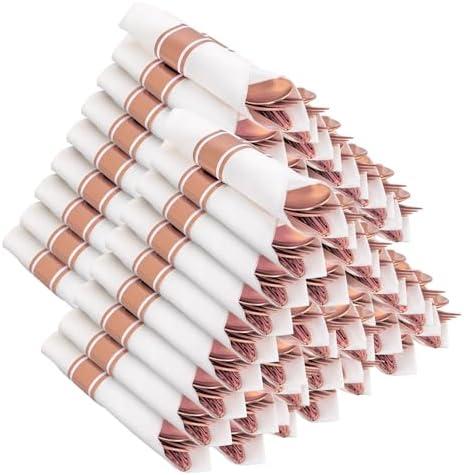 Joyido 400PCS Pre Rolled Rose Gold Plastic Silverware Sets - Heavy Duty Rose Gold Cutlery - Include 100 Pack Wrapped Disposable Utensils with Napkins for Parties & Dinners & Weddings