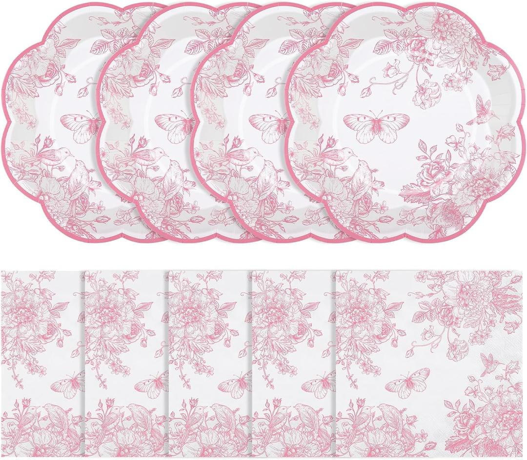 NatNarr 50 Pcs Pink Floral Plates and Napkins, Pink and White Party Supplies Include Scalloped Floral Dessert Plates and Disposable Tolie Napkins for Easter, Baby Bridal Shower, Wedding, Mothers Day