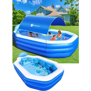 StarOcean Inflatable Pool with Canopy, Large Inflatable Swimming Pool for Kids,Adult, Blowup Pools with Seats,Backrest.Durable Thickened Inflatable Family Pools for Backyard,Dark Blue-118"x75"x22"