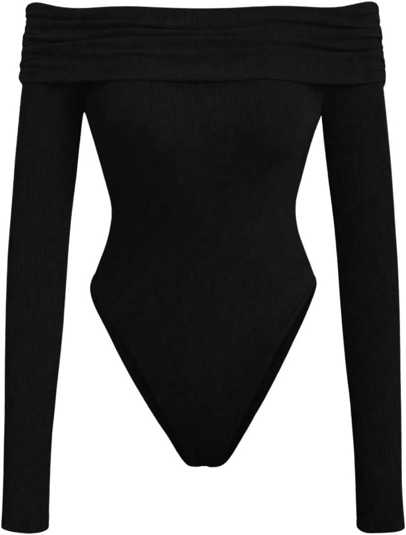 MakeMeChic Women's Casual Off Shoulder Ribbed Knit Long Sleeve Bodysuit Tee Shirts Leotard Tops (Black)