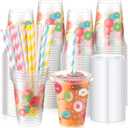 meekoo 50 Sets Donut Cup with Flat Lids and Straws 12 oz Doughnut Sprinkle Plastic Cups Clear Drink Disposable Cups with Lids for Smoothie Donut Grow up Birthday Party Baby Shower Summer Holiday (Classic Colors)