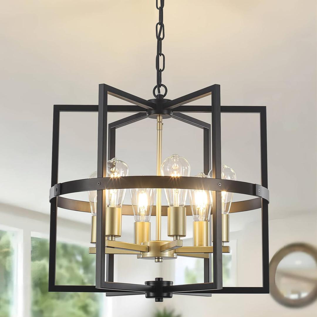 Black and Gold Chandeliers, Modern Farmhouse Dining Room Light Fixture 5-Light Entryway Chandelier for Foyer 19'' Kitchen Island Lighting Hanging Pendant Lights for Bedroom Hallway