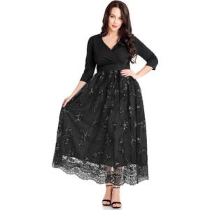 GRAPENT Women's Plus Size Sequin 3/4 Sleeves Evening Gown Party Long Maxi Dress (Black), Size 18W