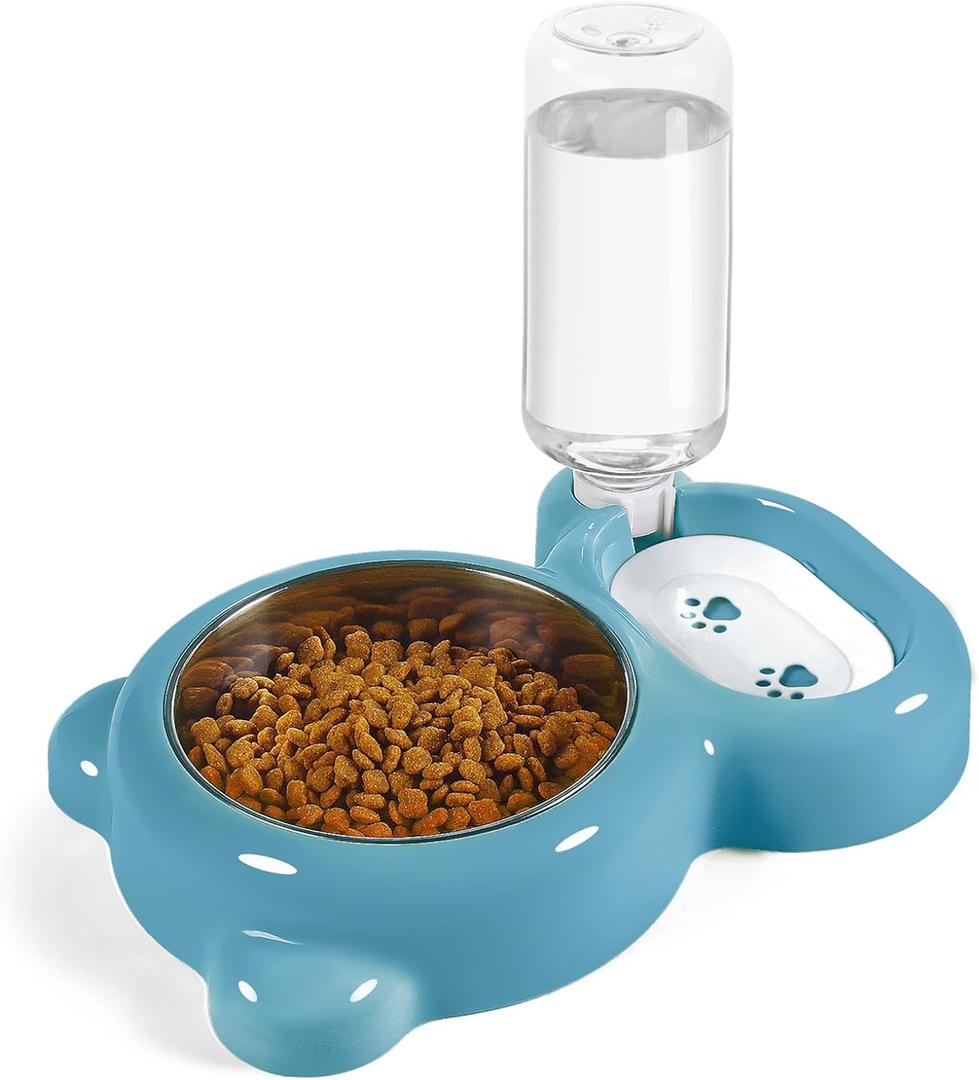 Dog Bowls, Cat Food and Water Bowl Set with Water Dispenser and Stainless Steel Bowl for Cats and Small Dogs - Blue