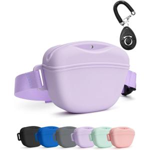 Dog Treat Pouch with Training Clicker, Upgrade Stronger Magnetic Closure to Avoid Spilling, 1.67 Cup Silicone Treat Bag Fanny Pack with Waist Belt for Pet Training Walking (Violet)