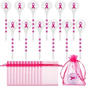 Seematn 36 Pcs Breast Cancer Awareness Gifts Set Include 12 Bamboo Golf Tees Supporting 12 Pink Ribbon Golf Ball with 12 Organza Bags for Breast Cancer Charity Event Survivor Campaign Party Supplies