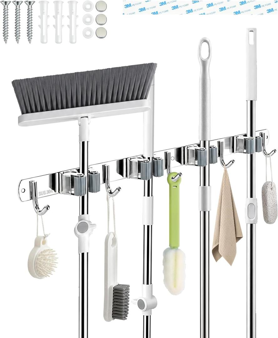 4 Racks and 5 Hooks Mop and Broom Holder Wall Mount, 304 Stainless Steel Broom Hanger Organizer for Home Kitchen Garden Laundry Garage