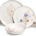 Sango 12-Piece Luxury Porcelain Dinnerware Set for 4- Glossy White Plates and Bowls Sets with Wildflower Patterns and Gold Rims, Ceramic Dish Set, Elegant Dishes for Everyday Dining, Gansevoort