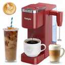 Single Serve Coffee Maker with Built-in Detachable Milk Frother, Iced and Hot Coffee Machine for K Cup & Grounds, 40oz Removable Water Reservoir, 6 Cup Sizes, Fits 7.3" Travel Mug, Red
