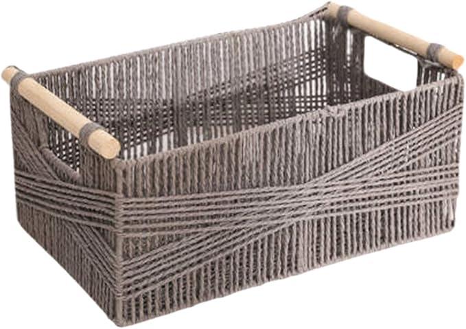 Wicker Storage Baskets for Organizing, Recyclable Paper Rope Basket with Wood Handles, Decorative Hand Woven Basket Organizers for Makeup Books Shelves Living Room, Grey, Set of 3