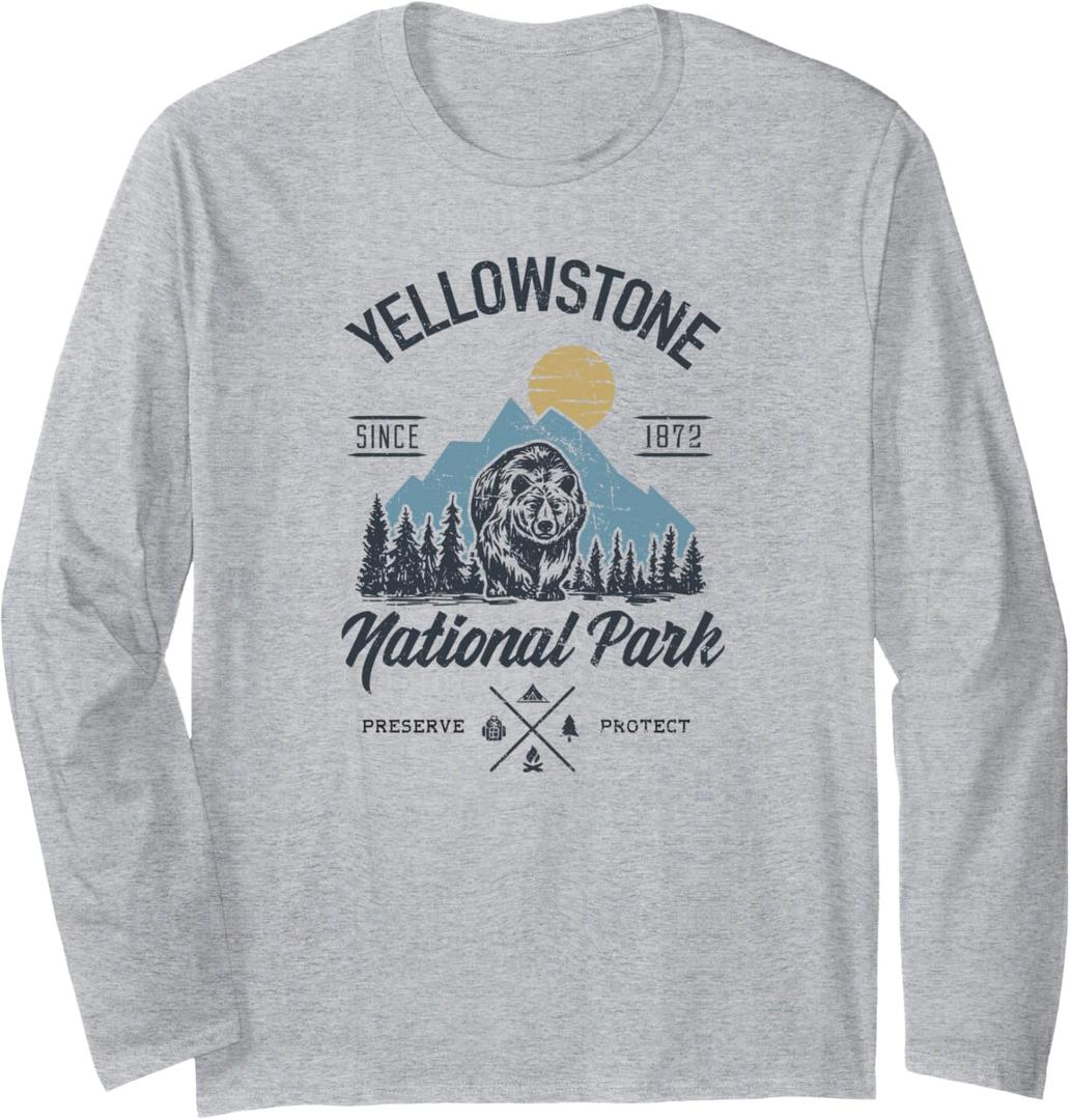 Vintage Retro Yellowstone National Park Hiking Long Sleeve T-Shirt (Small)