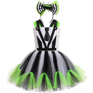 IMEKIS Girls Halloween Costume Black and White Striped Tulle Dress Headband Set Toddler Kids Cosplay Birthday Outfit 2-12T (8-9 Years)