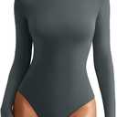 REORIA Womens Long Sleeve Bodysuits Fall Basic Round Neck Lightweight Double Lined Layering Slim Body Suit Tops (Small, Dark Grey)