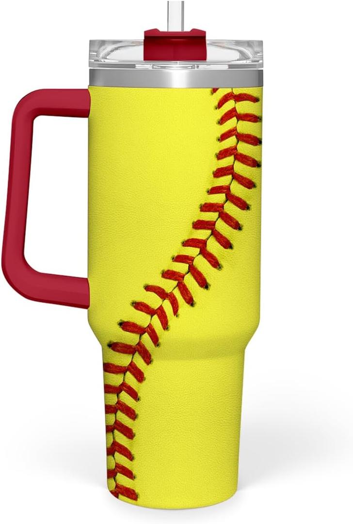 Softball Tumbler with Handle 40oz, Insulated Stainless Steel Cup with Lid & Straw, Sports Lover Gift for Men, Coach, Player, Christmas, Birthday